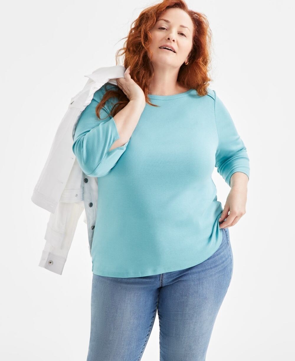 Style & Co Plus Size 3/4 Sleeve Boat-Neck Top Dusty Turquoise Size 2X 3691
